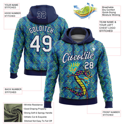 Custom Stitched Navy White-Aqua 3D Pattern Design Animal Dragon Geometric Shape Sports Pullover Sweatshirt Hoodie