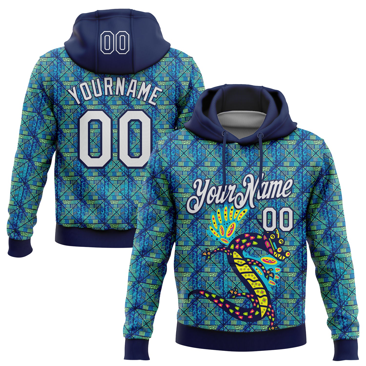 Custom Stitched Navy White-Aqua 3D Pattern Design Animal Dragon Geometric Shape Sports Pullover Sweatshirt Hoodie