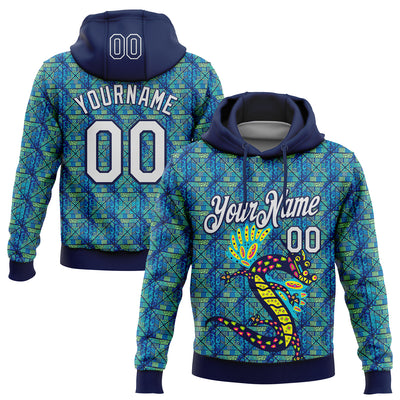Custom Stitched Navy White-Aqua 3D Pattern Design Animal Dragon Geometric Shape Sports Pullover Sweatshirt Hoodie