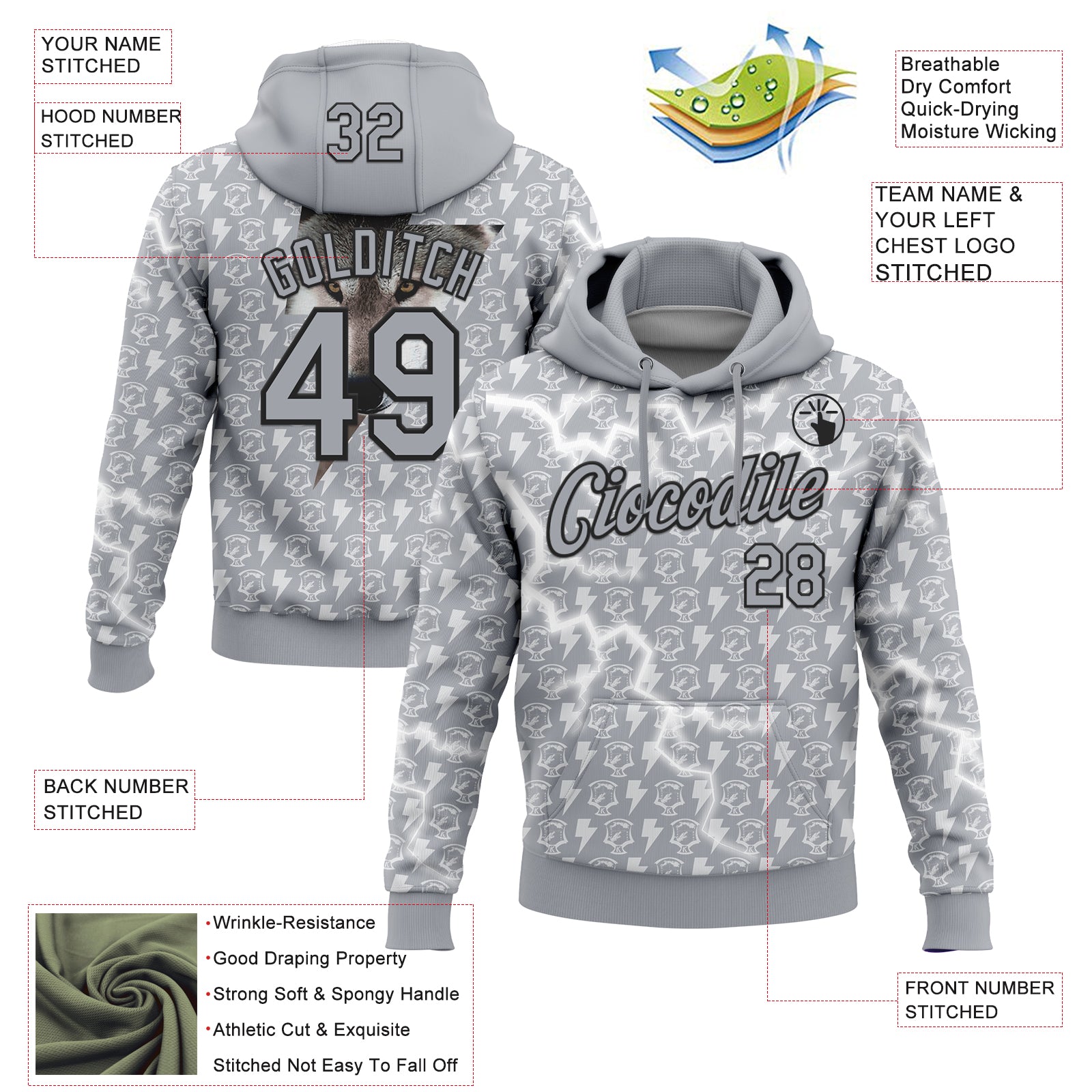 Custom Stitched Gray White-Black 3D Pattern Design Lightning Sports Pullover Sweatshirt Hoodie