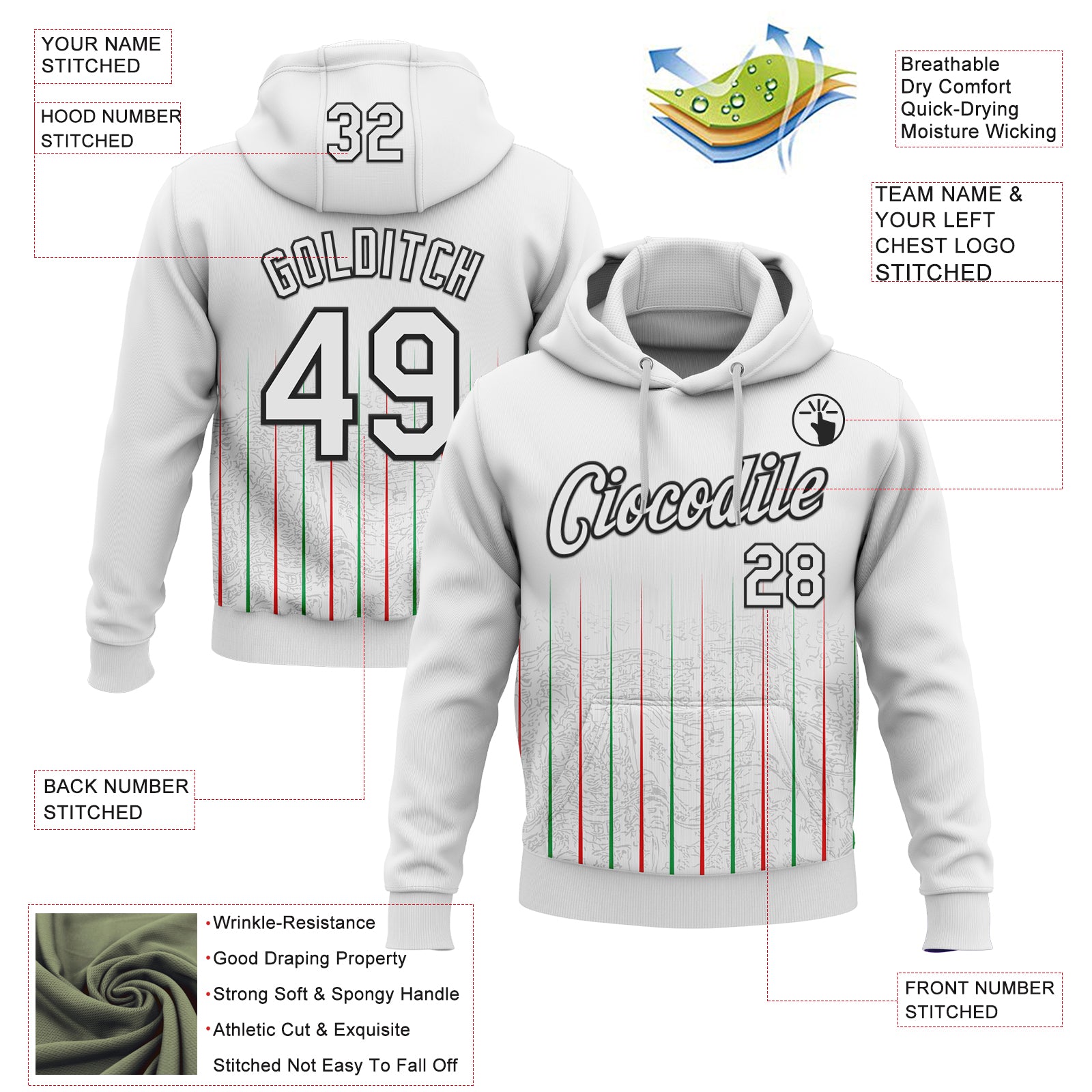 Custom Stitched White Red Green-Black 3D Pattern Design Line Sports Pullover Sweatshirt Hoodie