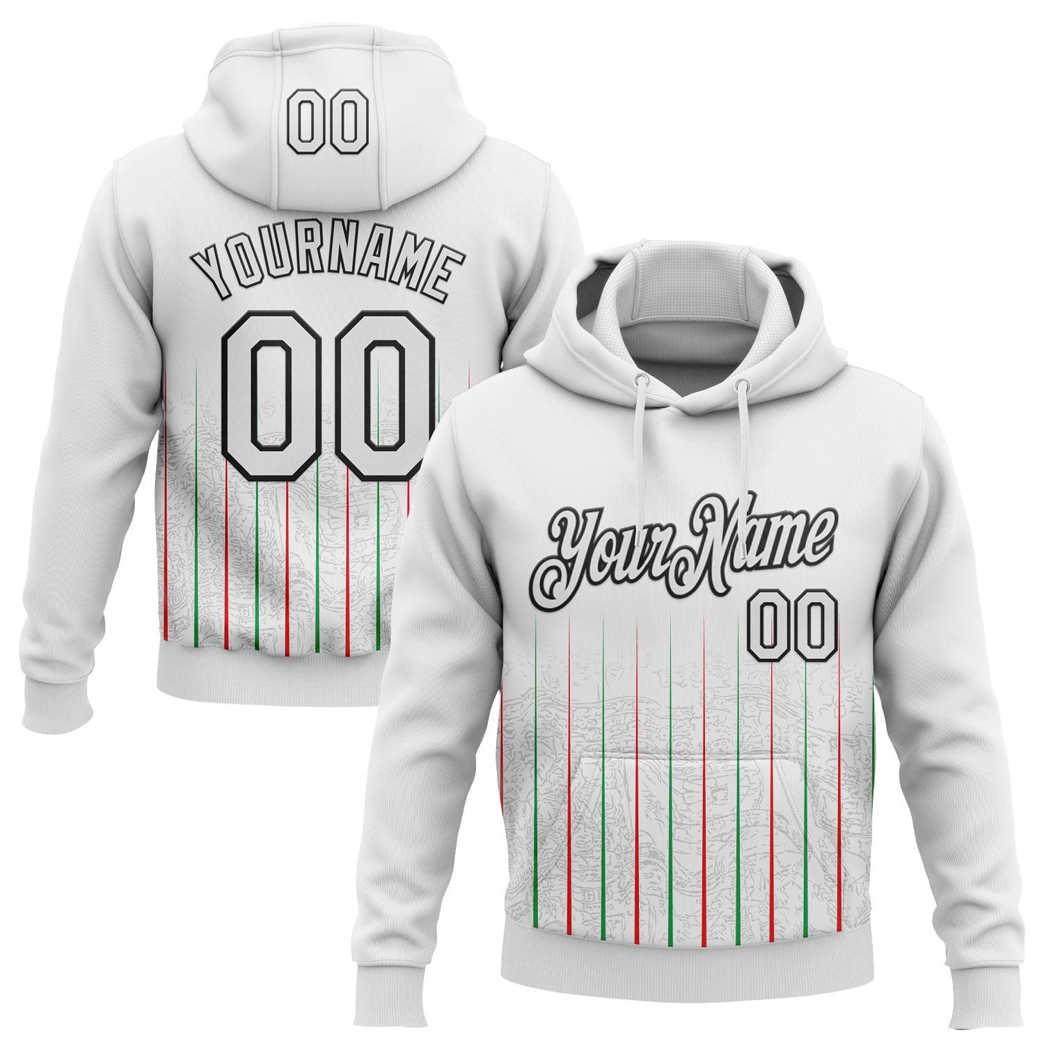 Custom Stitched White Red Green-Black 3D Pattern Design Line Sports Pullover Sweatshirt Hoodie
