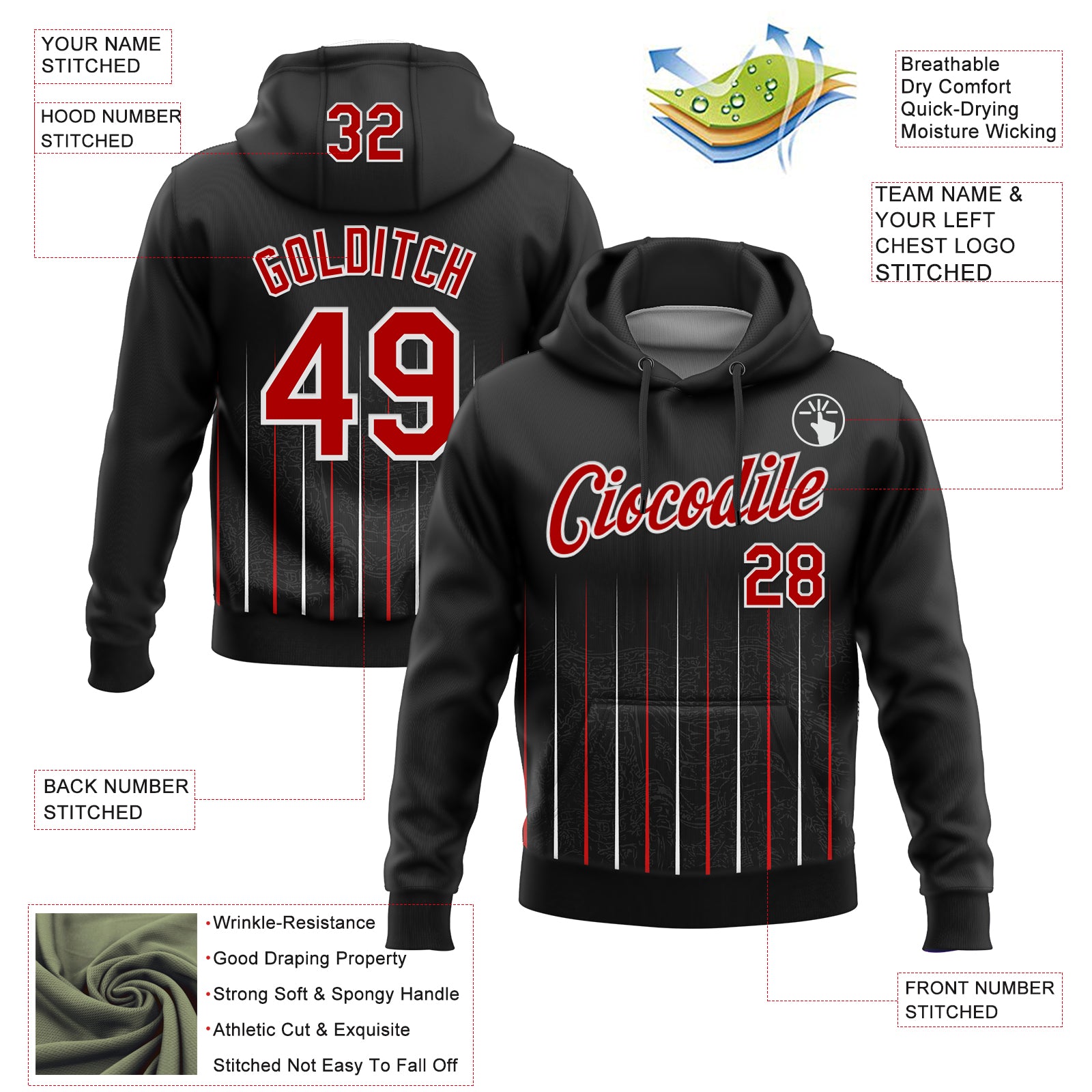 Custom Stitched Black Red-White 3D Pattern Design Line Sports Pullover Sweatshirt Hoodie