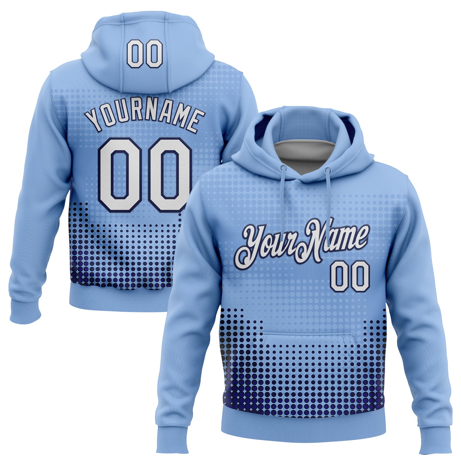 Custom Stitched Light Blue White Navy-Black 3D Pattern Design Modern Polka Dot Sports Pullover Sweatshirt Hoodie