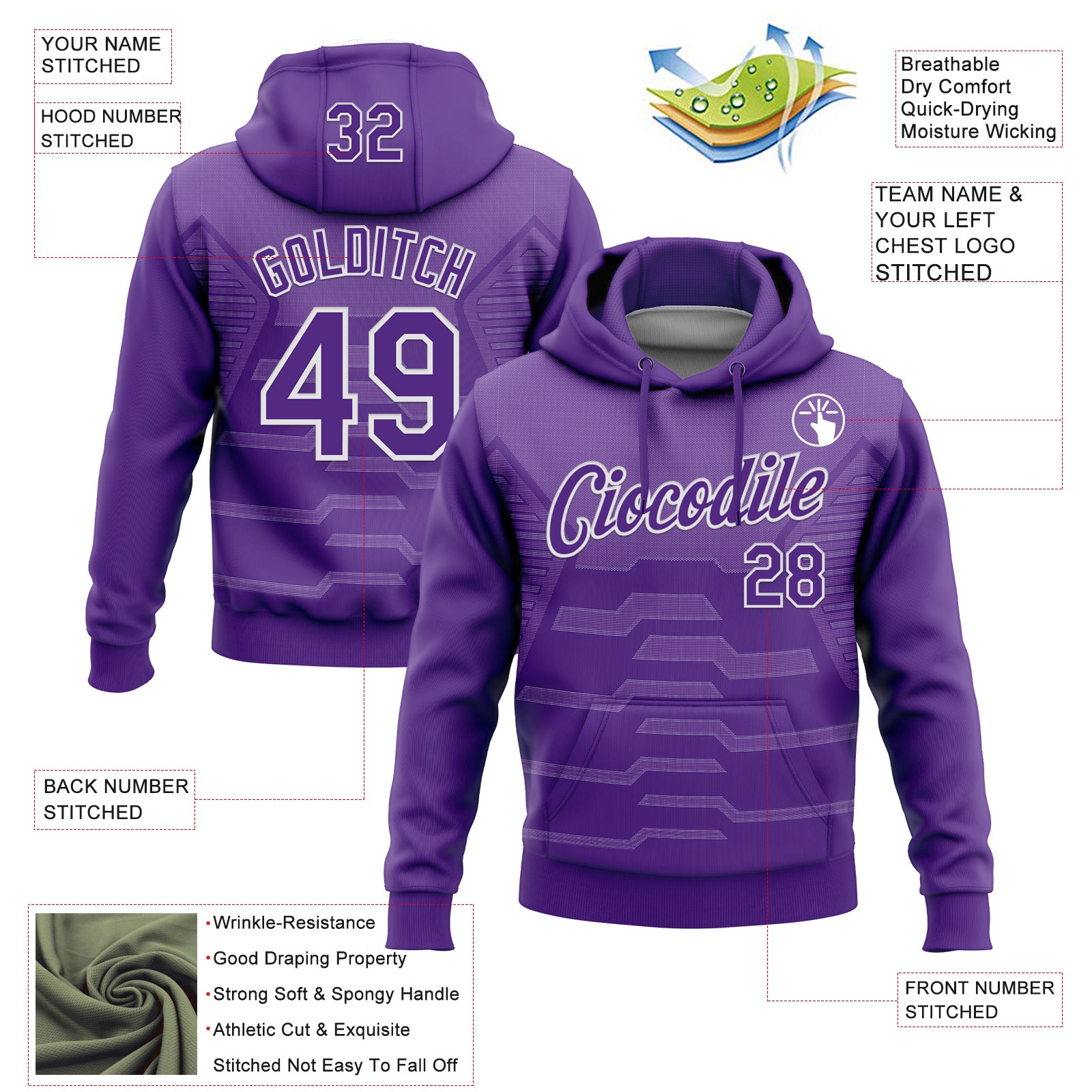 Custom Stitched Purple White 3D Pattern Design Geometric Shape Sports Pullover Sweatshirt Hoodie