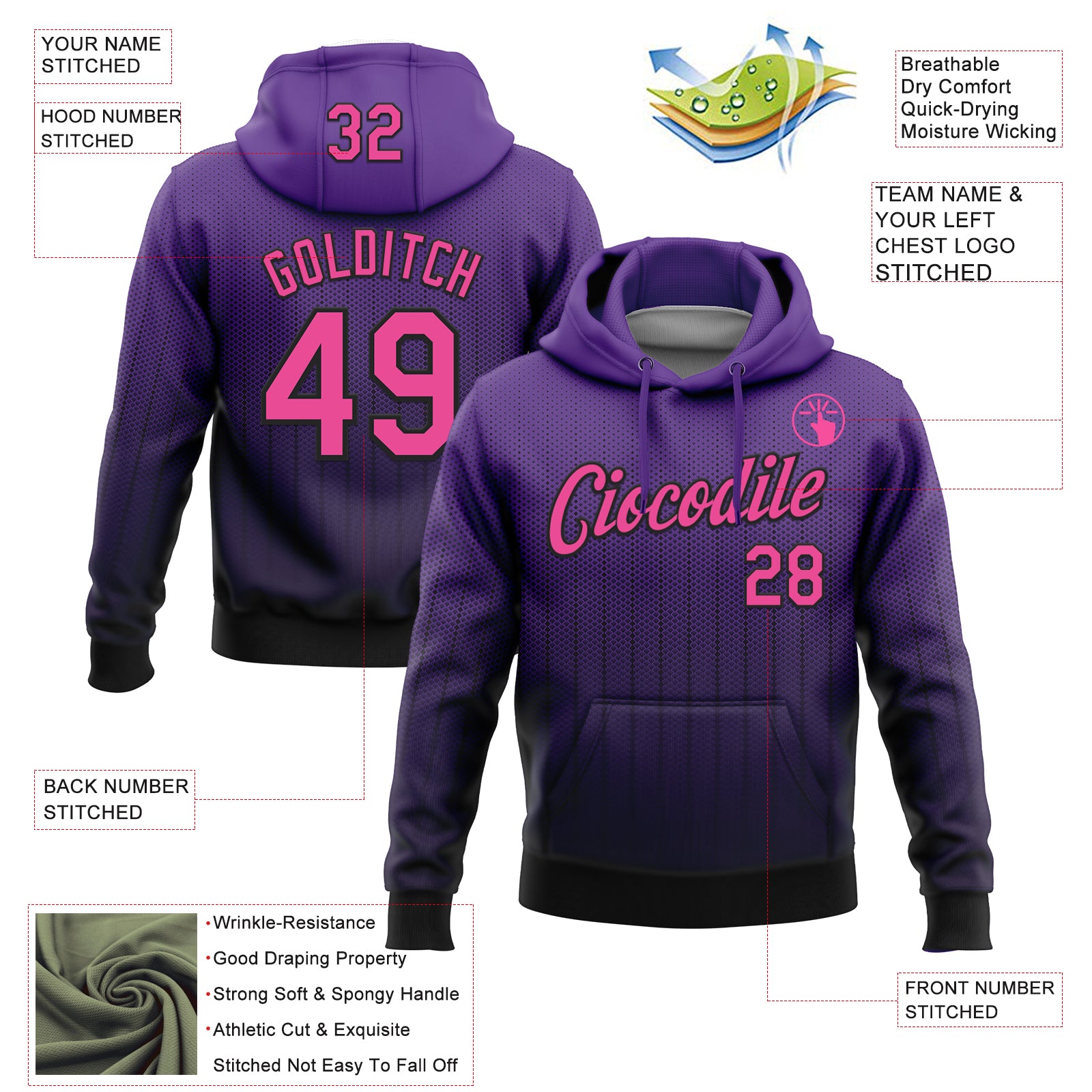 Custom Stitched Purple Pink-Black 3D Pattern Design Fade Geometric Shape Sports Pullover Sweatshirt Hoodie