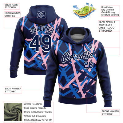 Custom Stitched Navy Blue Light Pink-White 3D Pattern Design Geometric Shape Sports Pullover Sweatshirt Hoodie
