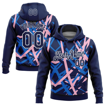 Custom Stitched Navy Blue Light Pink-White 3D Pattern Design Geometric Shape Sports Pullover Sweatshirt Hoodie