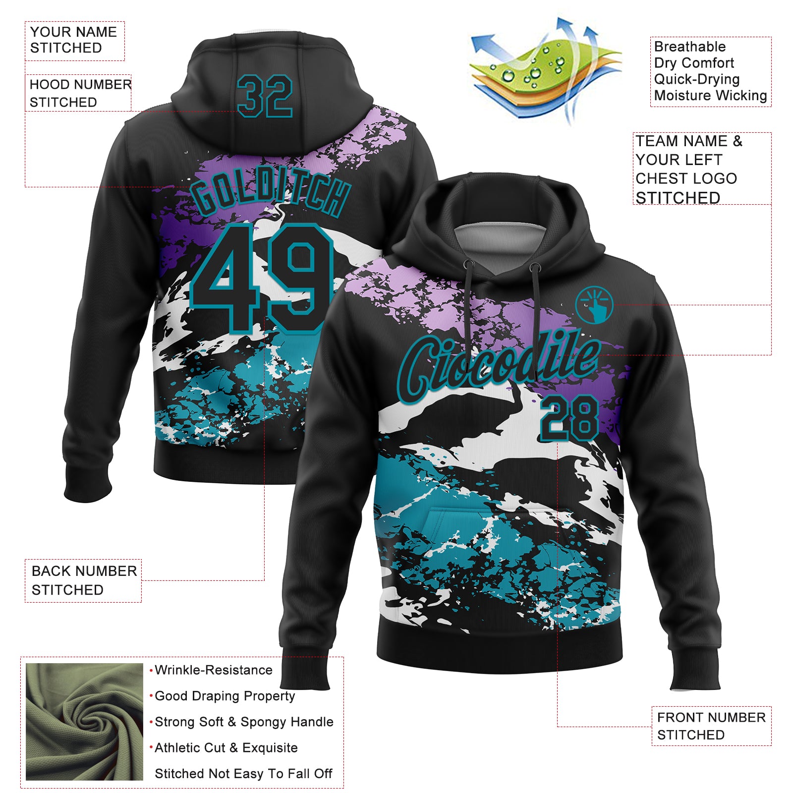 Custom Stitched Black Purple Teal-White 3D Pattern Design Splash Sports Pullover Sweatshirt Hoodie