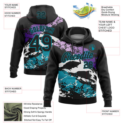 Custom Stitched Black Purple Teal-White 3D Pattern Design Splash Sports Pullover Sweatshirt Hoodie