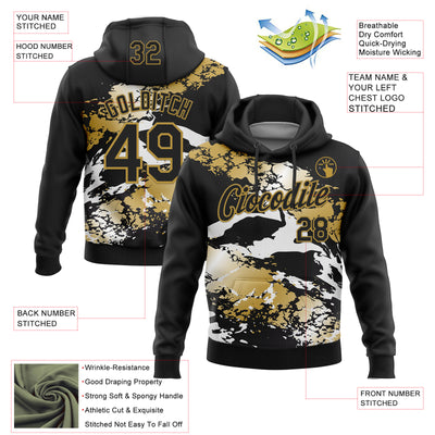 Custom Stitched Black Old Gold-White 3D Pattern Design Splash Sports Pullover Sweatshirt Hoodie