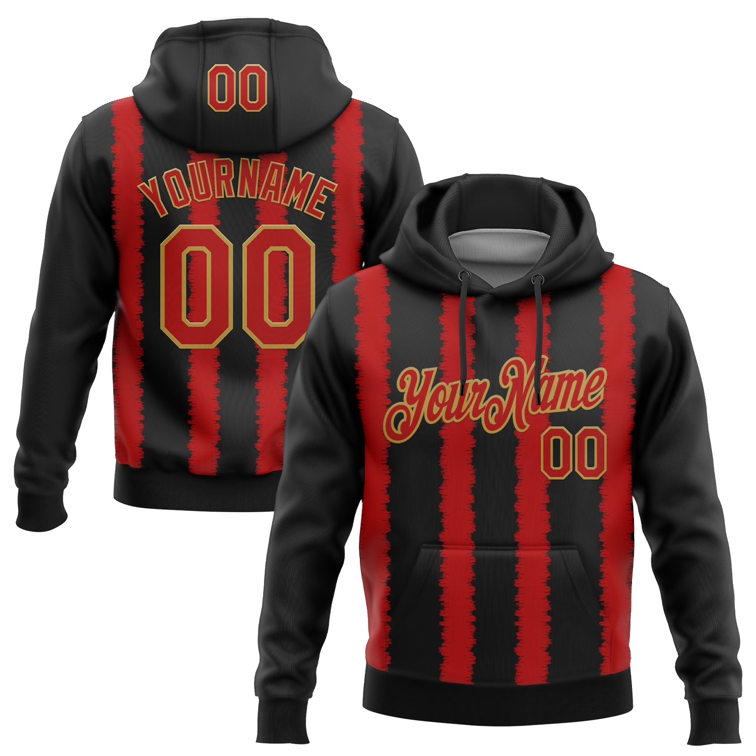 Custom Stitched Black Red-Old Gold 3D Pattern Design Line Sports Pullover Sweatshirt Hoodie