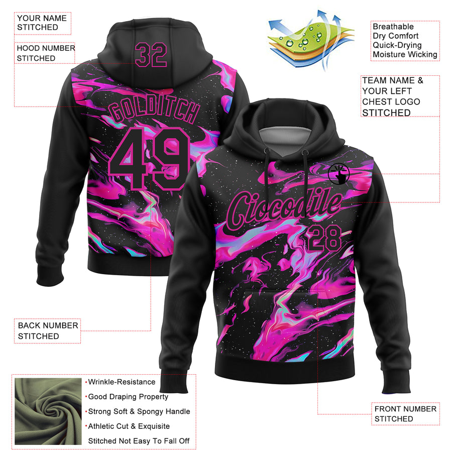 Custom Stitched Black Deep Pink 3D Pattern Design Abstract Trendy Holographic Vaporwave Style Sports Pullover Sweatshirt Hoodie