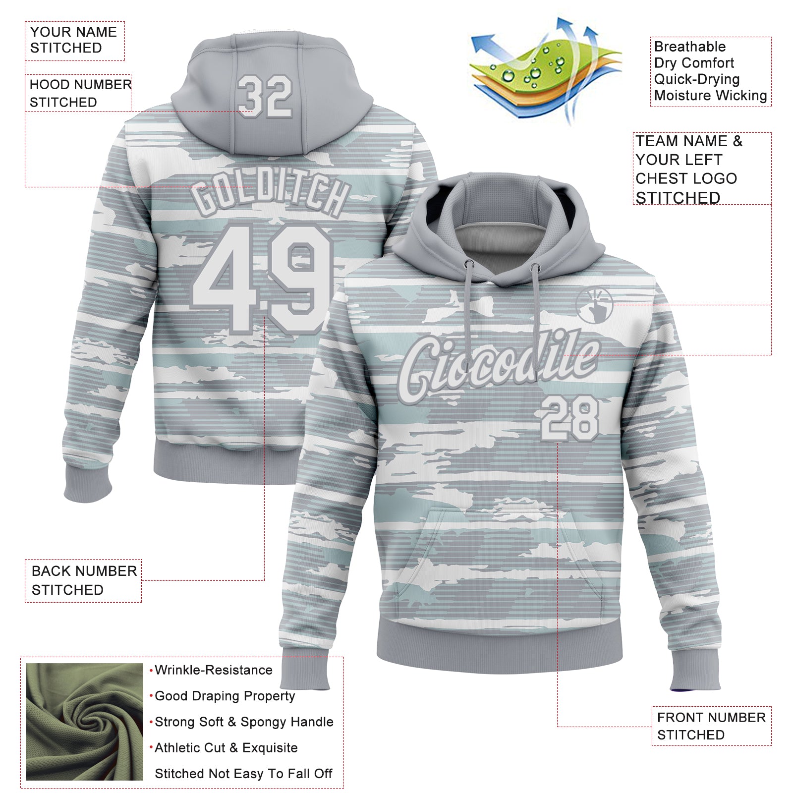 Custom Stitched Gray White 3D Pattern Design Line Sports Pullover Sweatshirt Hoodie