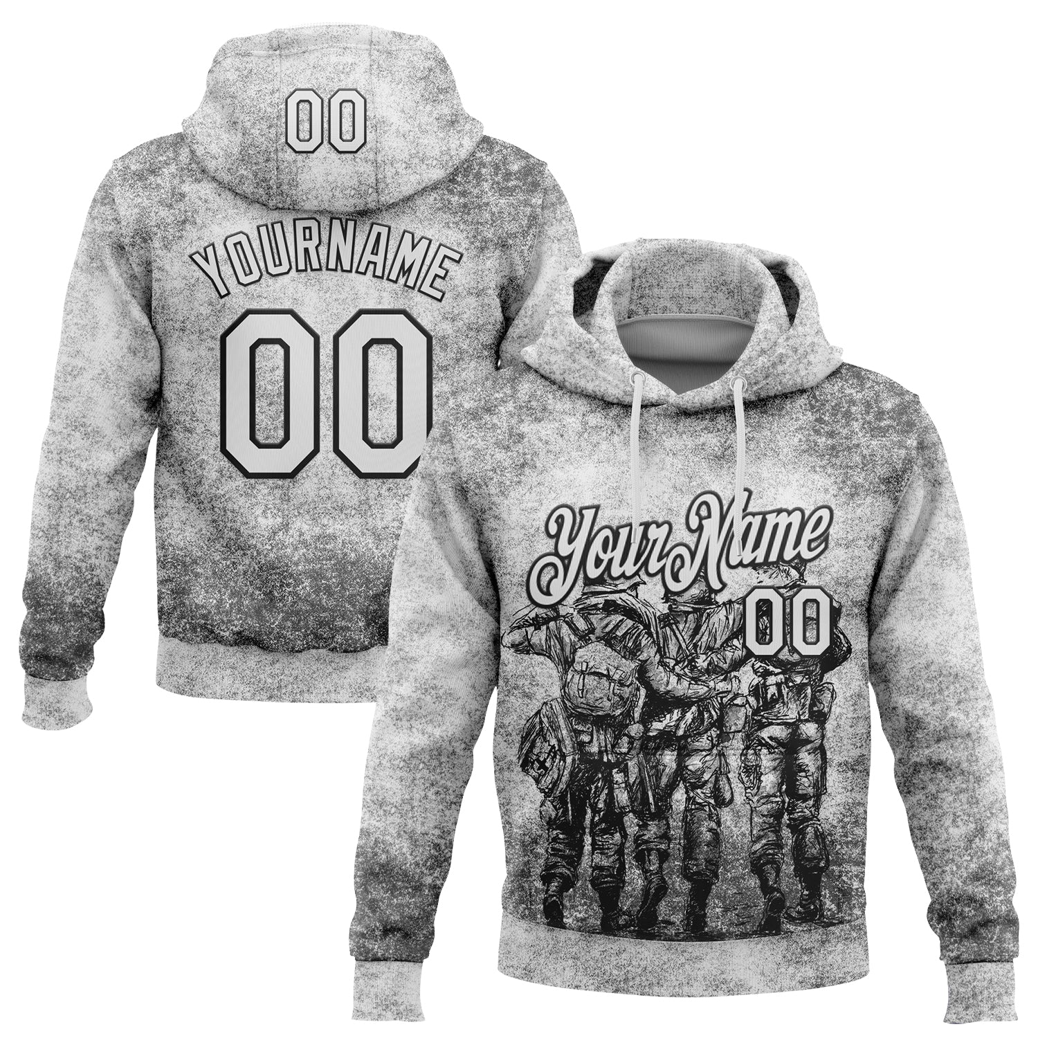 Custom Stitched Gray White-Black 3D Pattern Design Soldier Sports Pullover Sweatshirt Hoodie