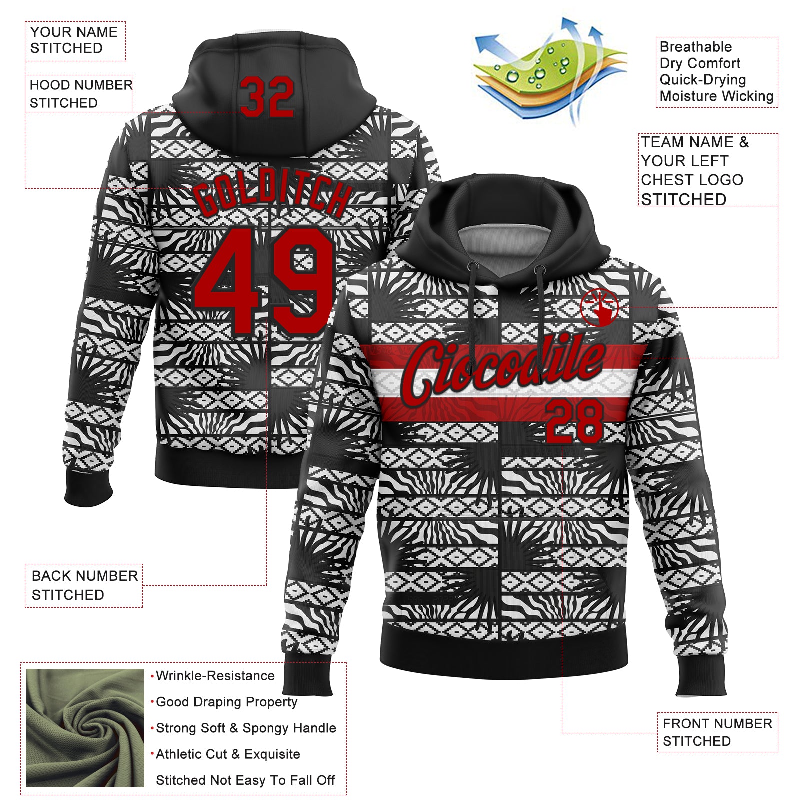 Custom Stitched Black Red-White 3D Pattern Design Geometric Shape Sports Pullover Sweatshirt Hoodie