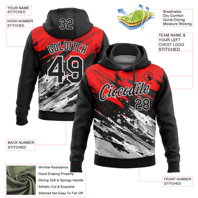 Custom Stitched Black Red-White 3D Pattern Design Splash Sports Pullover Sweatshirt Hoodie