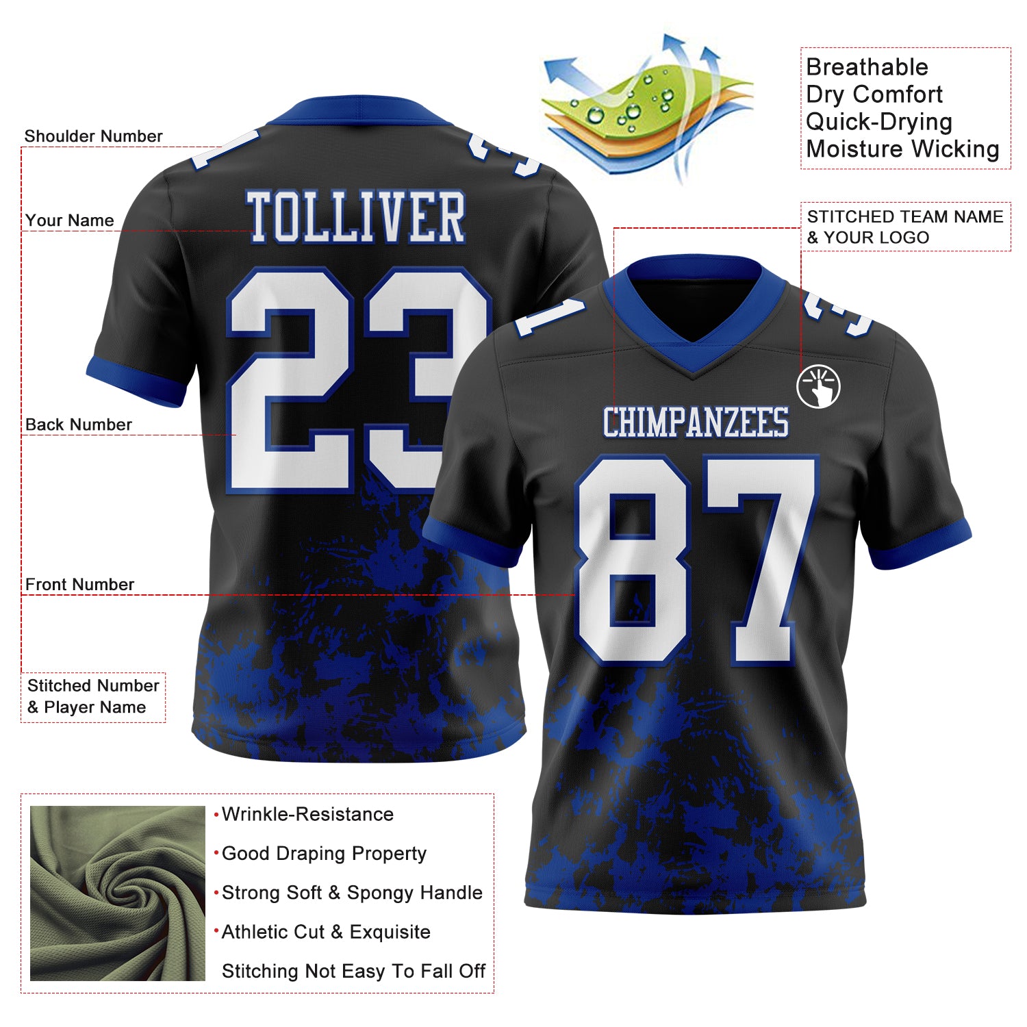 Custom Black White-Royal 3D Pattern Splash Authentic Football Jersey