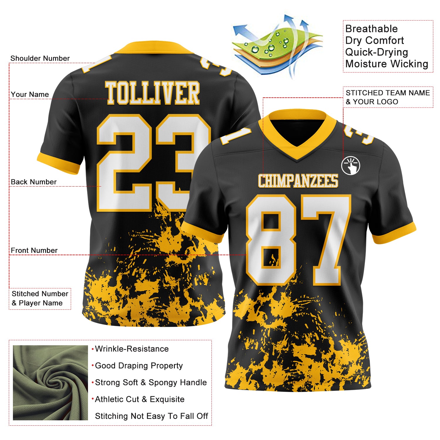 Custom Black White-Gold 3D Pattern Splash Authentic Football Jersey