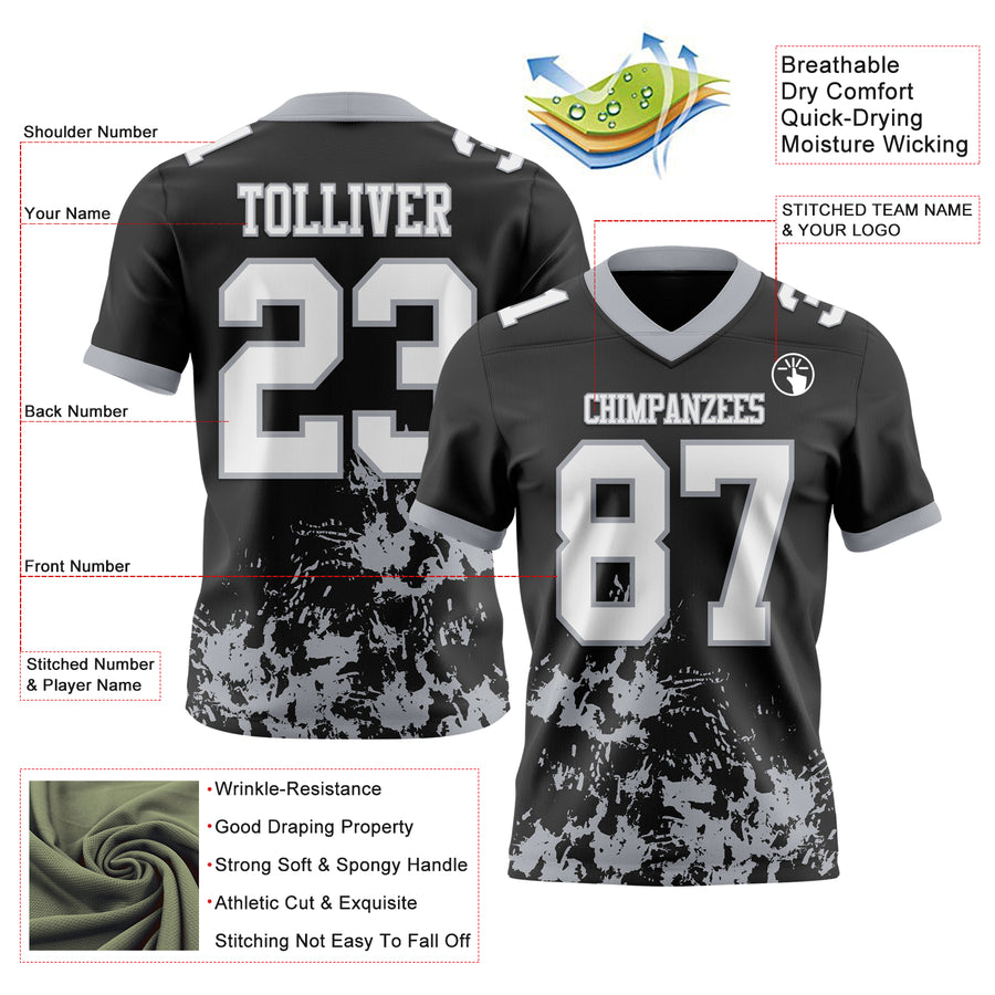 Custom Black White-Gray 3D Pattern Splash Authentic Football Jersey