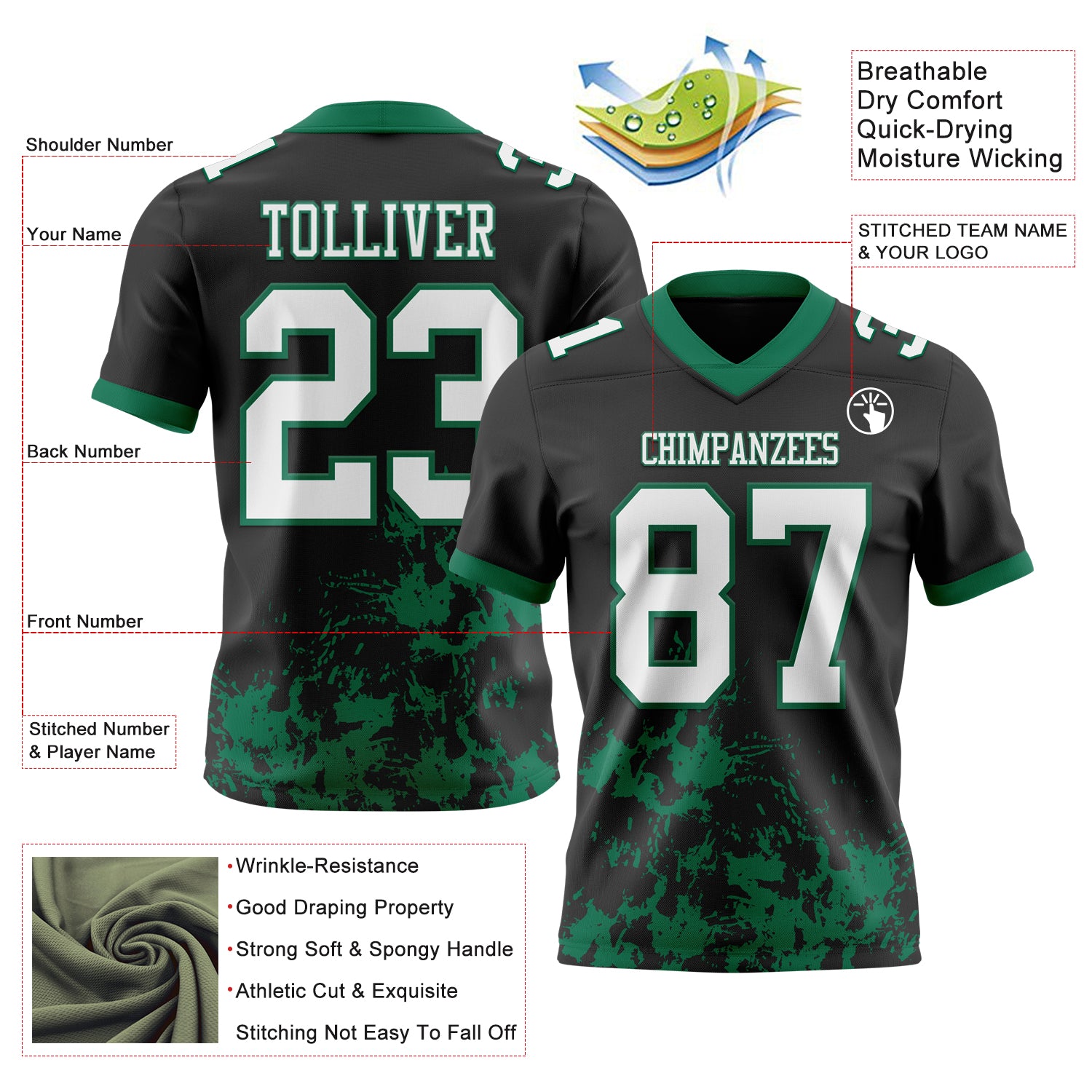 Custom Black White-Kelly Green 3D Pattern Splash Authentic Football Jersey