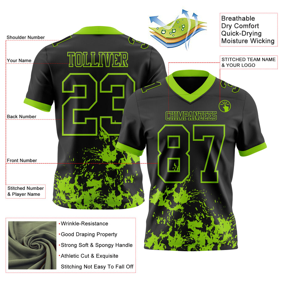 Custom Black Neon Green 3D Pattern Splash Authentic Football Jersey