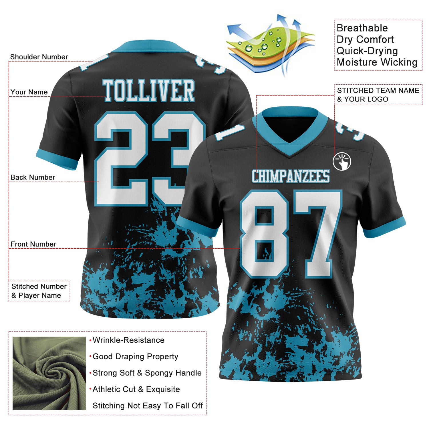 Custom Black White-Panther Blue 3D Pattern Splash Authentic Football Jersey