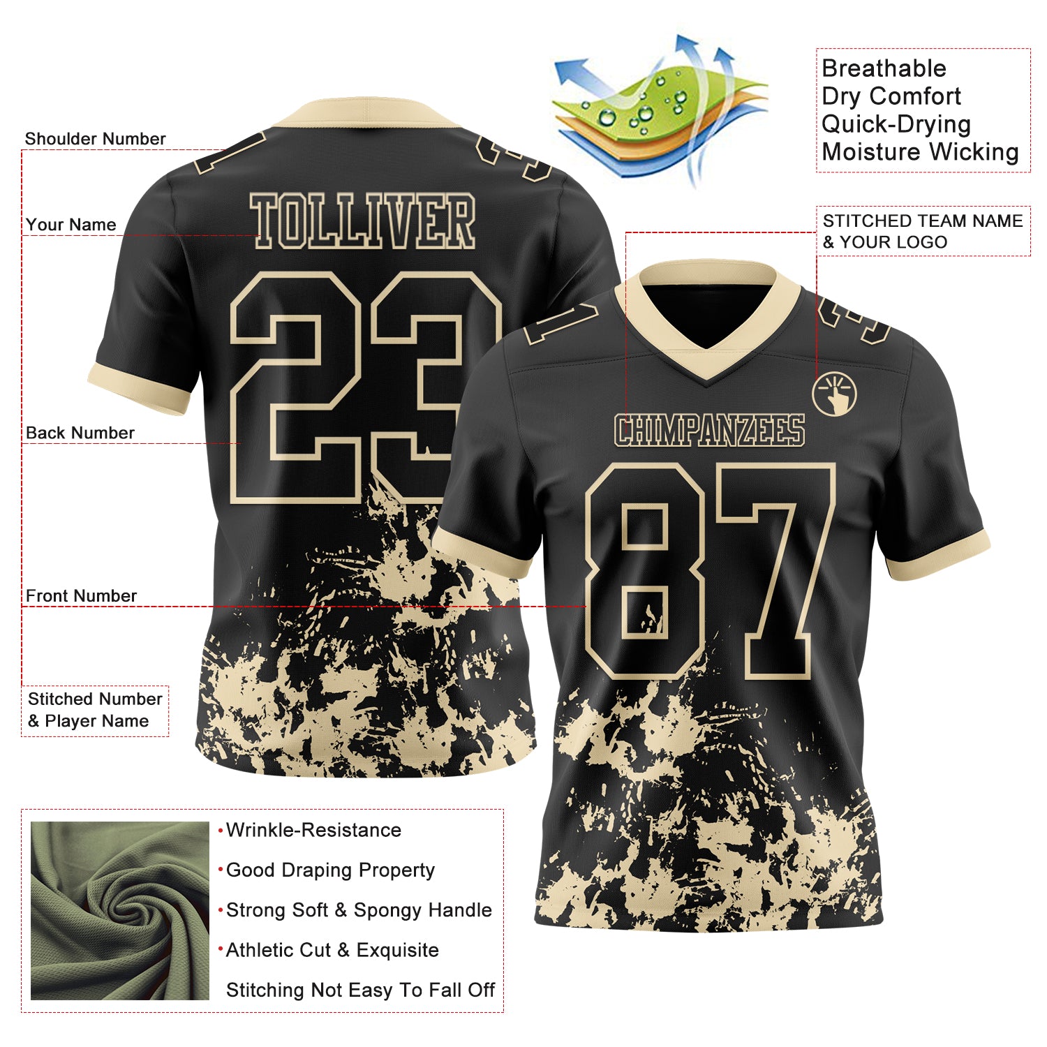 Custom Black Cream 3D Pattern Splash Authentic Football Jersey