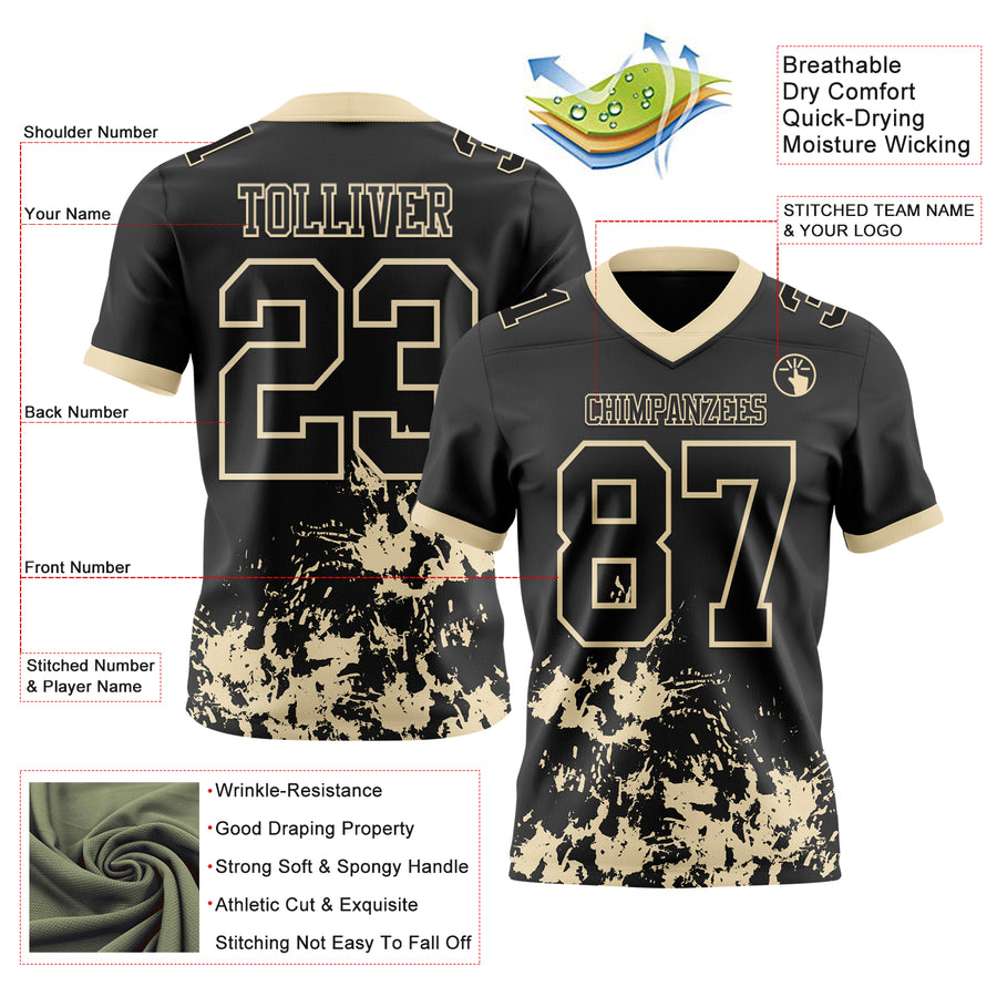Custom Black Cream 3D Pattern Splash Authentic Football Jersey