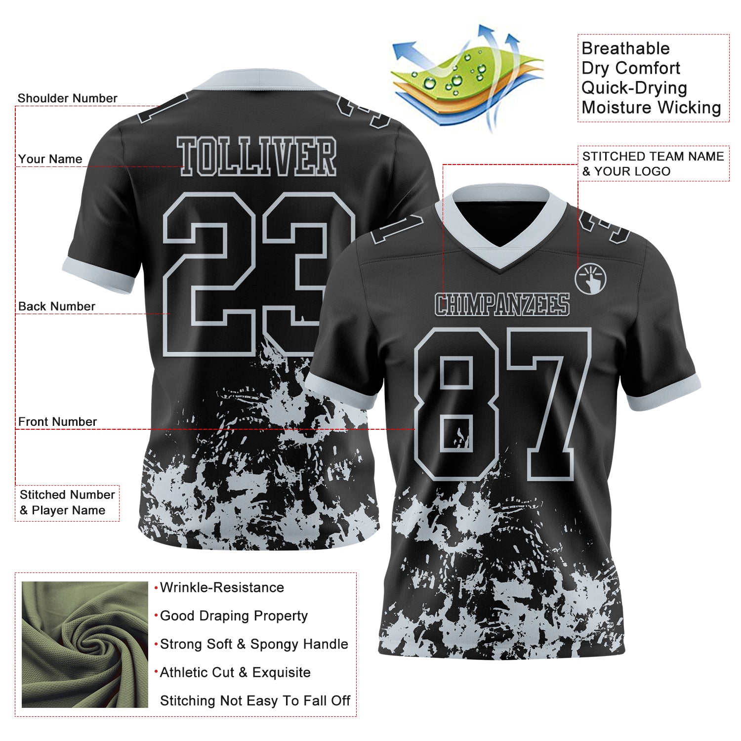 Custom Black Silver 3D Pattern Splash Authentic Football Jersey