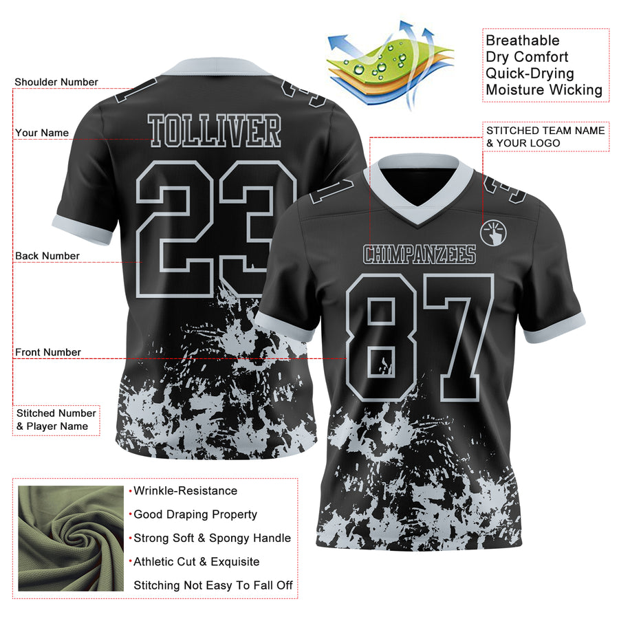 Custom Black Silver 3D Pattern Splash Authentic Football Jersey