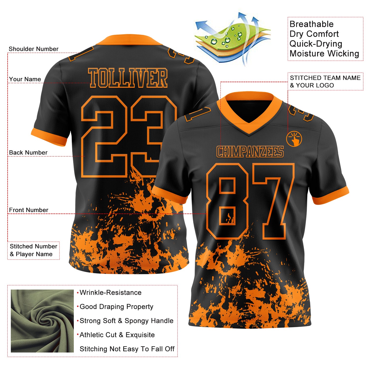Custom Black Bay Orange 3D Pattern Splash Authentic Football Jersey