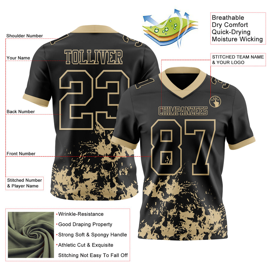 Custom Black Vegas Gold 3D Pattern Splash Authentic Football Jersey