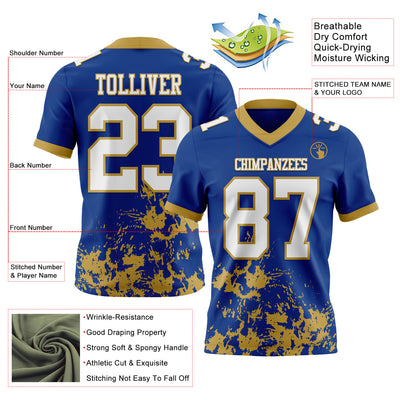 Custom Royal White-Old Gold 3D Pattern Splash Authentic Football Jersey