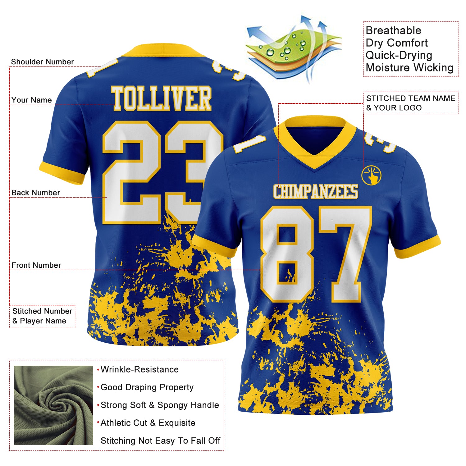 Custom Royal White-Yellow 3D Pattern Splash Authentic Football Jersey