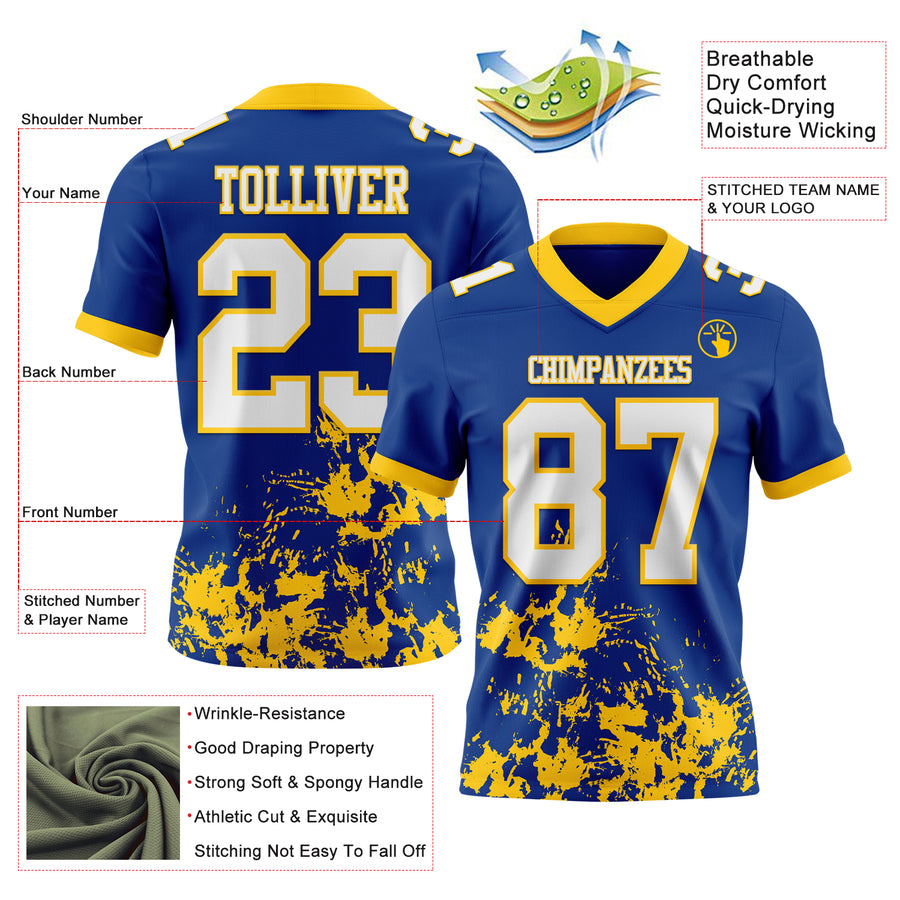 Custom Royal White-Yellow 3D Pattern Splash Authentic Football Jersey