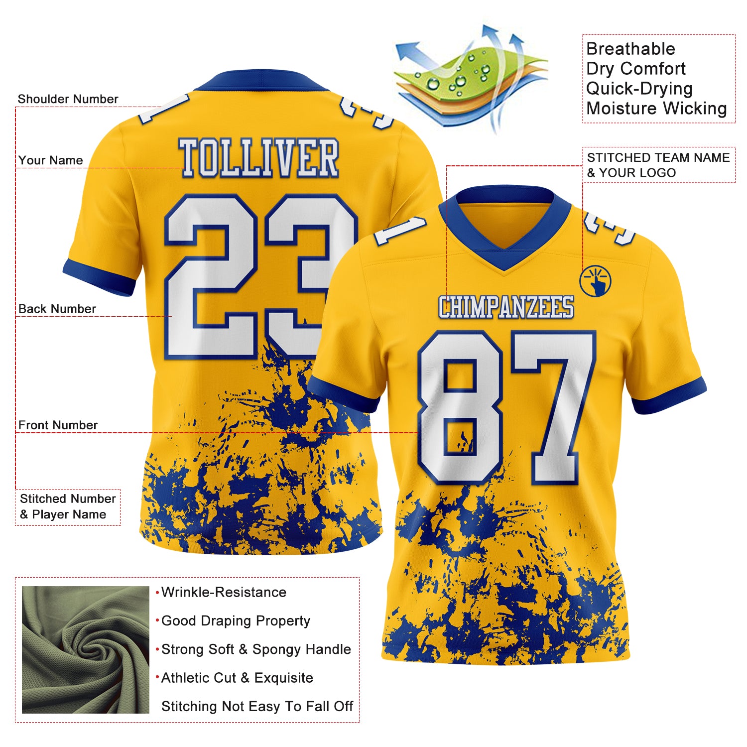Custom Gold White-Royal 3D Pattern Splash Authentic Football Jersey