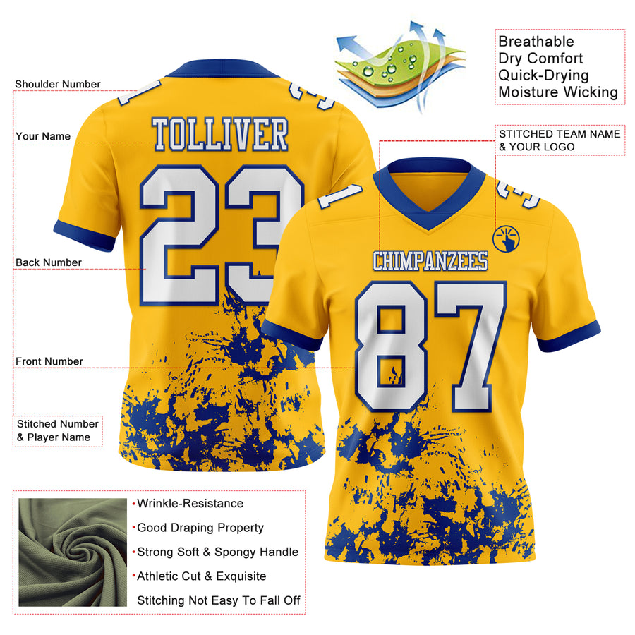 Custom Gold White-Royal 3D Pattern Splash Authentic Football Jersey
