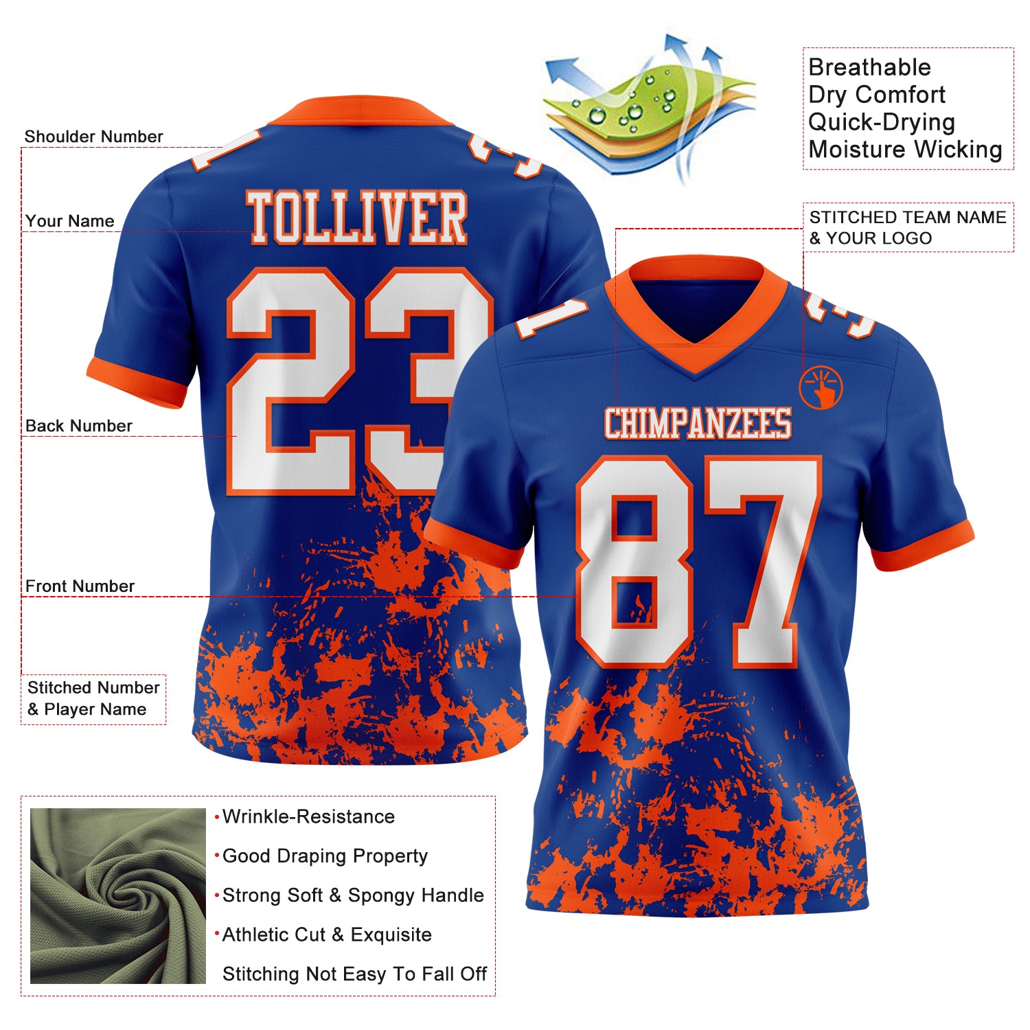 Custom Royal White-Orange 3D Pattern Splash Authentic Football Jersey