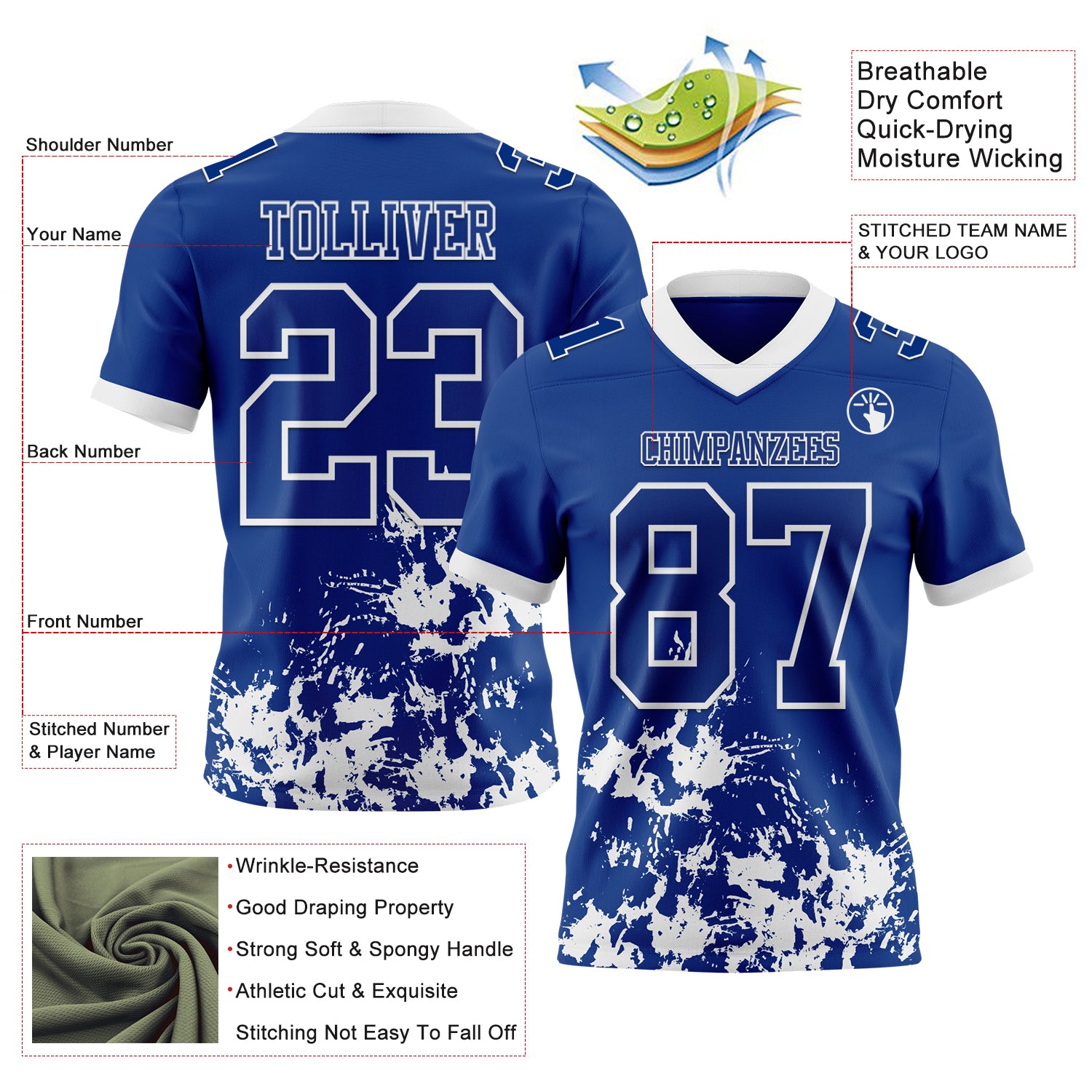 Custom Royal White 3D Pattern Splash Authentic Football Jersey