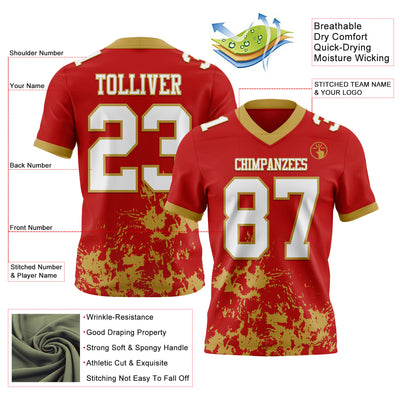 Custom Red White-Old Gold 3D Pattern Splash Authentic Football Jersey