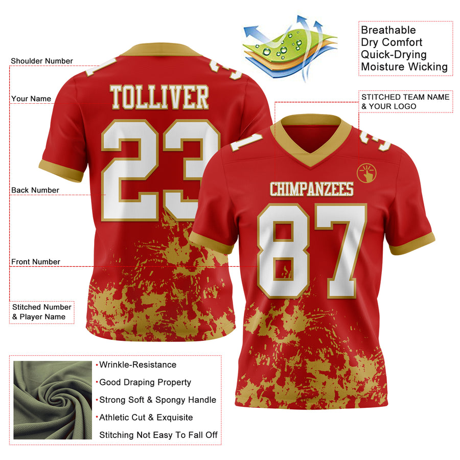 Custom Red White-Old Gold 3D Pattern Splash Authentic Football Jersey