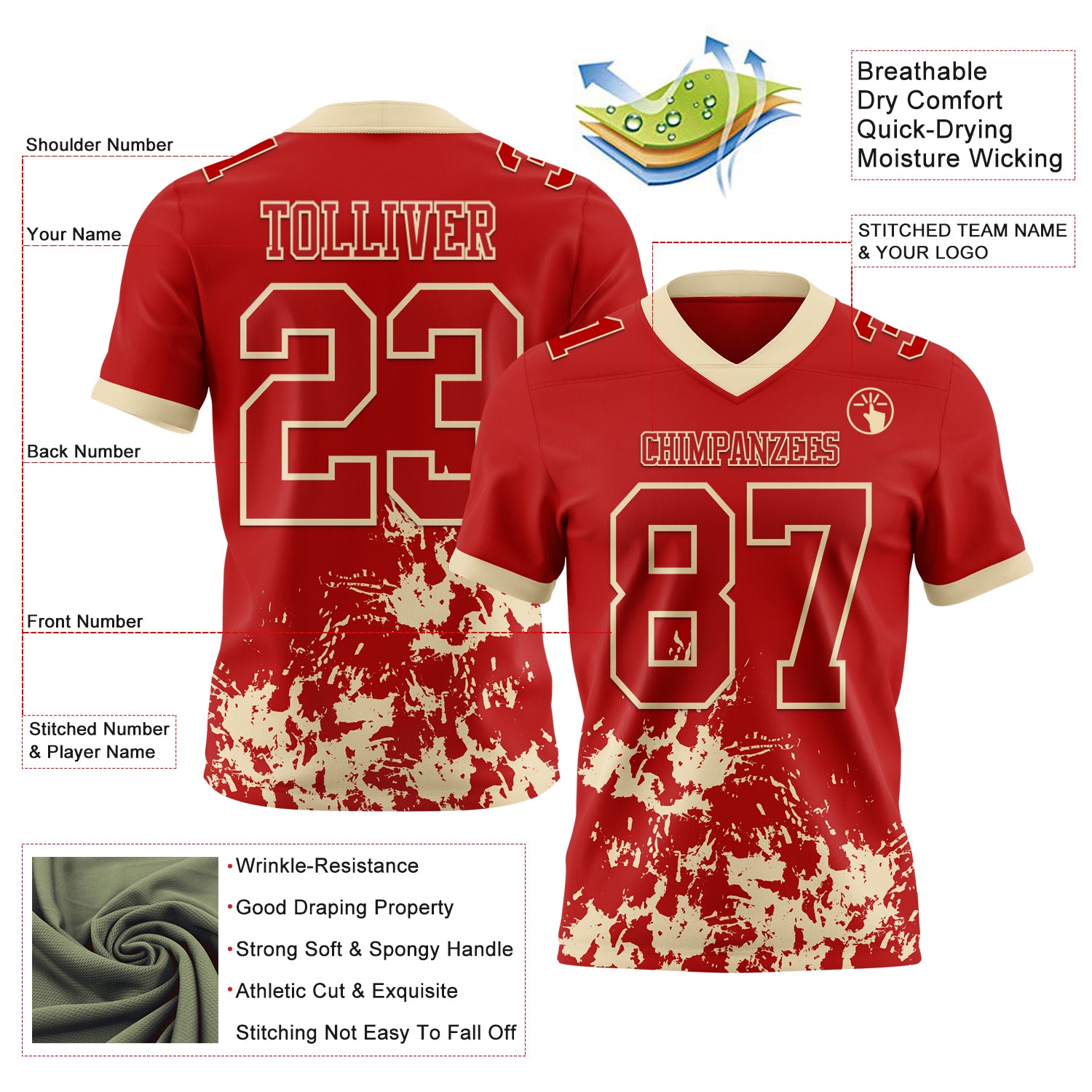 Custom Red Cream 3D Pattern Splash Authentic Football Jersey