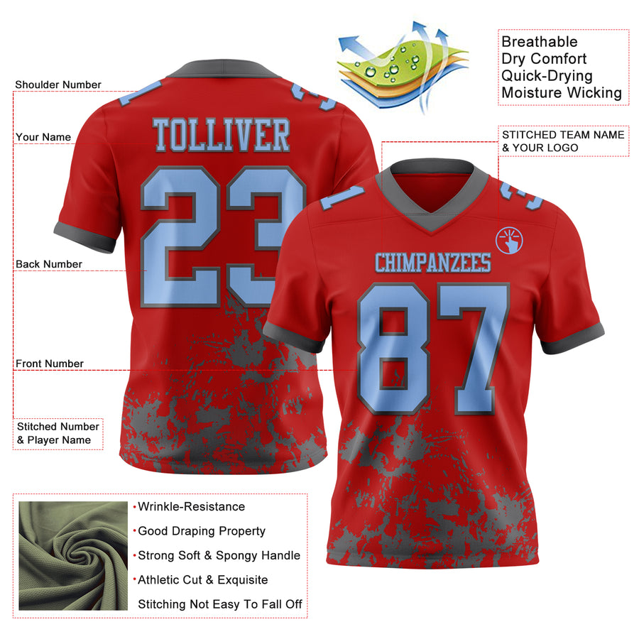 Custom Red Light Blue-Steel Gray 3D Pattern Splash Authentic Football Jersey