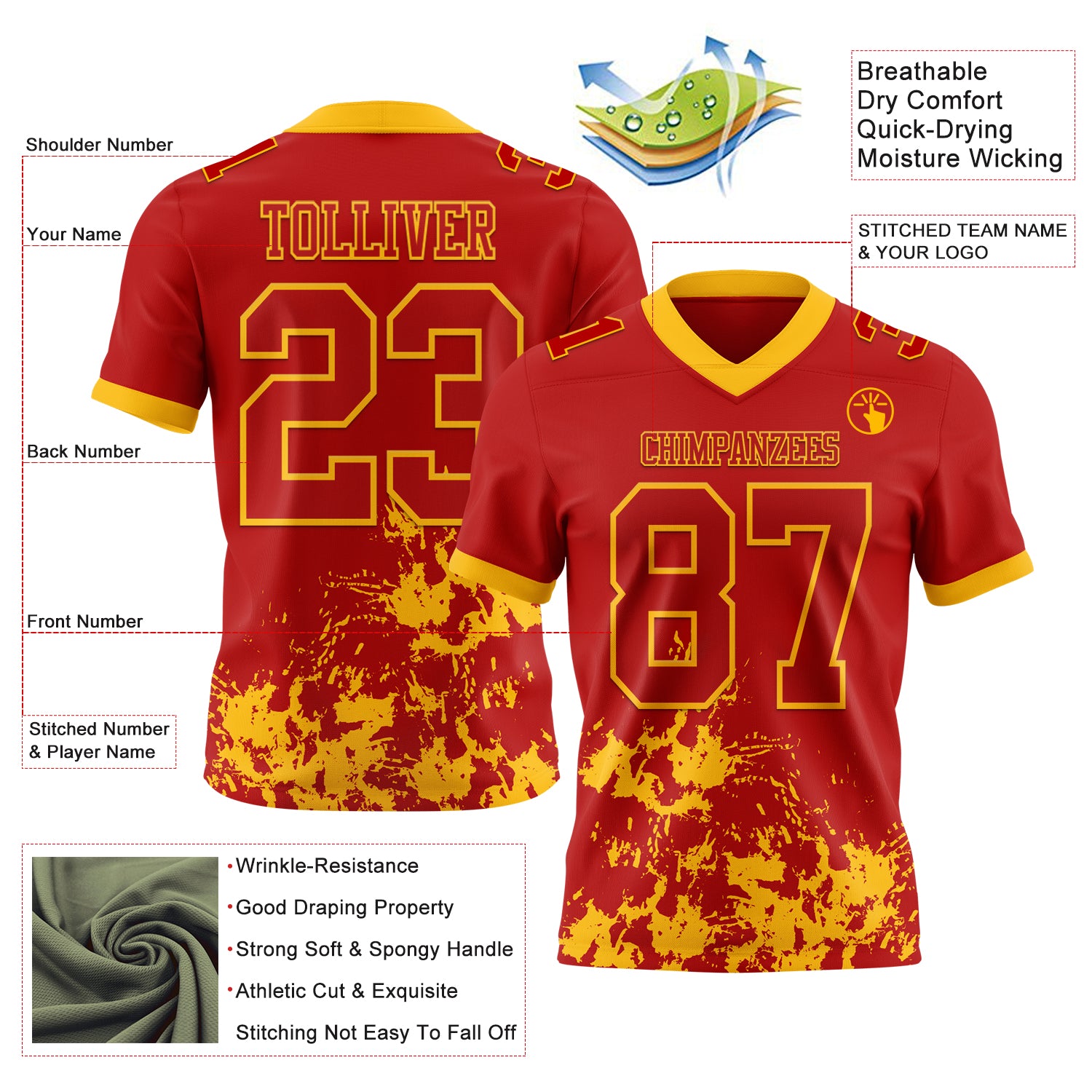 Custom Red Gold 3D Pattern Splash Authentic Football Jersey