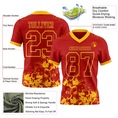 Custom Red Gold 3D Pattern Splash Authentic Football Jersey