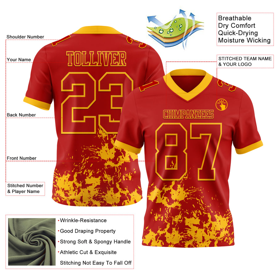 Custom Red Gold 3D Pattern Splash Authentic Football Jersey