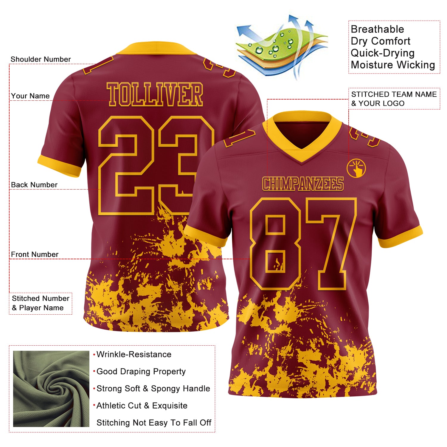 Custom Crimson Gold 3D Pattern Splash Authentic Football Jersey