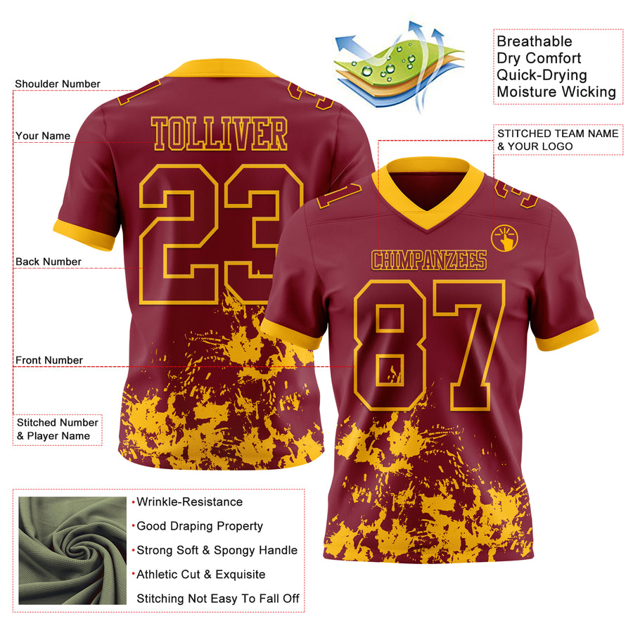 Custom Crimson Gold 3D Pattern Splash Authentic Football Jersey