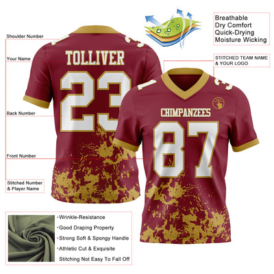 Custom Crimson White-Old Gold 3D Pattern Splash Authentic Football Jersey